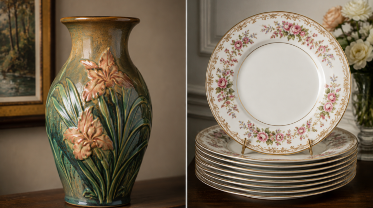 Illustration contrasting a single art pottery piece against a matched dinnerware set