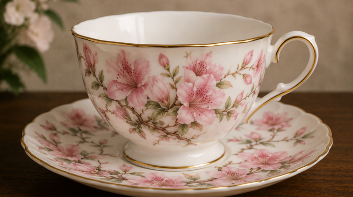 Illustration of a Noritake teacup and saucer in the sought-after Azalea pattern