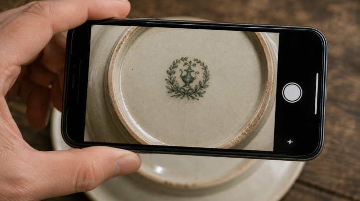 Illustration of taking a clear reference photo of a pottery backstamp