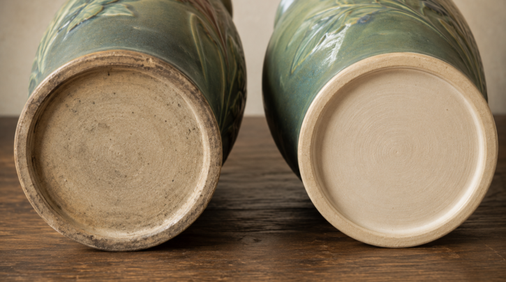 Illustration comparing genuine aged base wear against a suspiciously clean reproduction