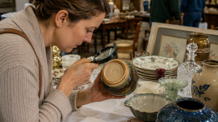 Illustration of a new collector learning to closely examine a pottery mark