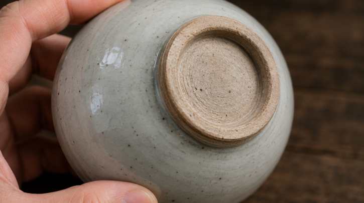 Illustration of examining the unglazed foot ring of an unmarked pottery piece
