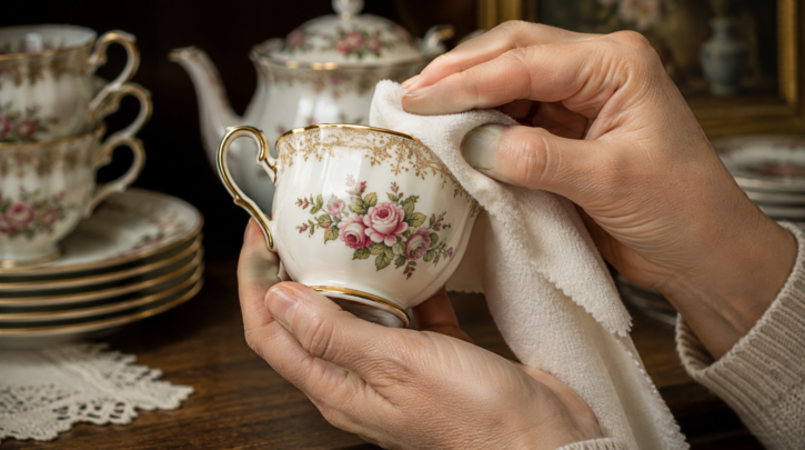 Illustration of gently hand-cleaning a piece of antique pottery