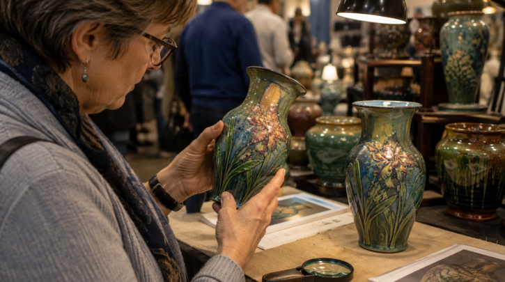Illustration of closely inspecting a piece of pottery at a specialty dealer show