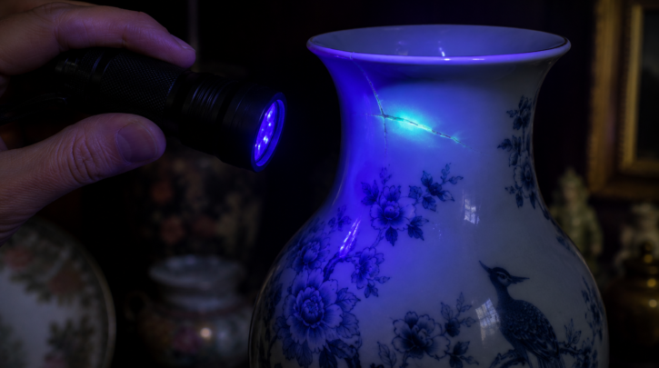 Illustration of using UV light to detect a hidden pottery repair