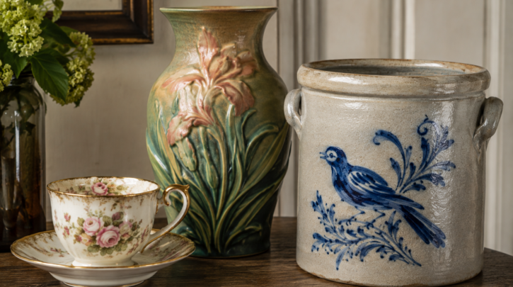 Illustration representing fine china, art pottery, and stoneware side by side