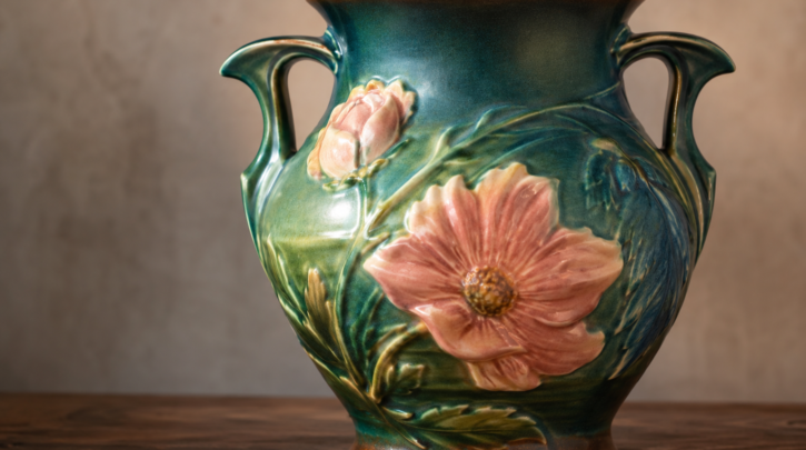 Illustration of a Roseville vase with sculptural molded relief decoration
