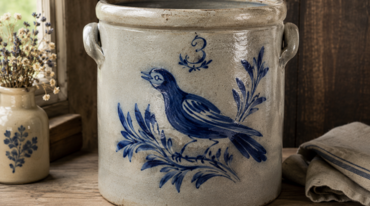 Illustration of an antique stoneware crock with cobalt blue bird decoration